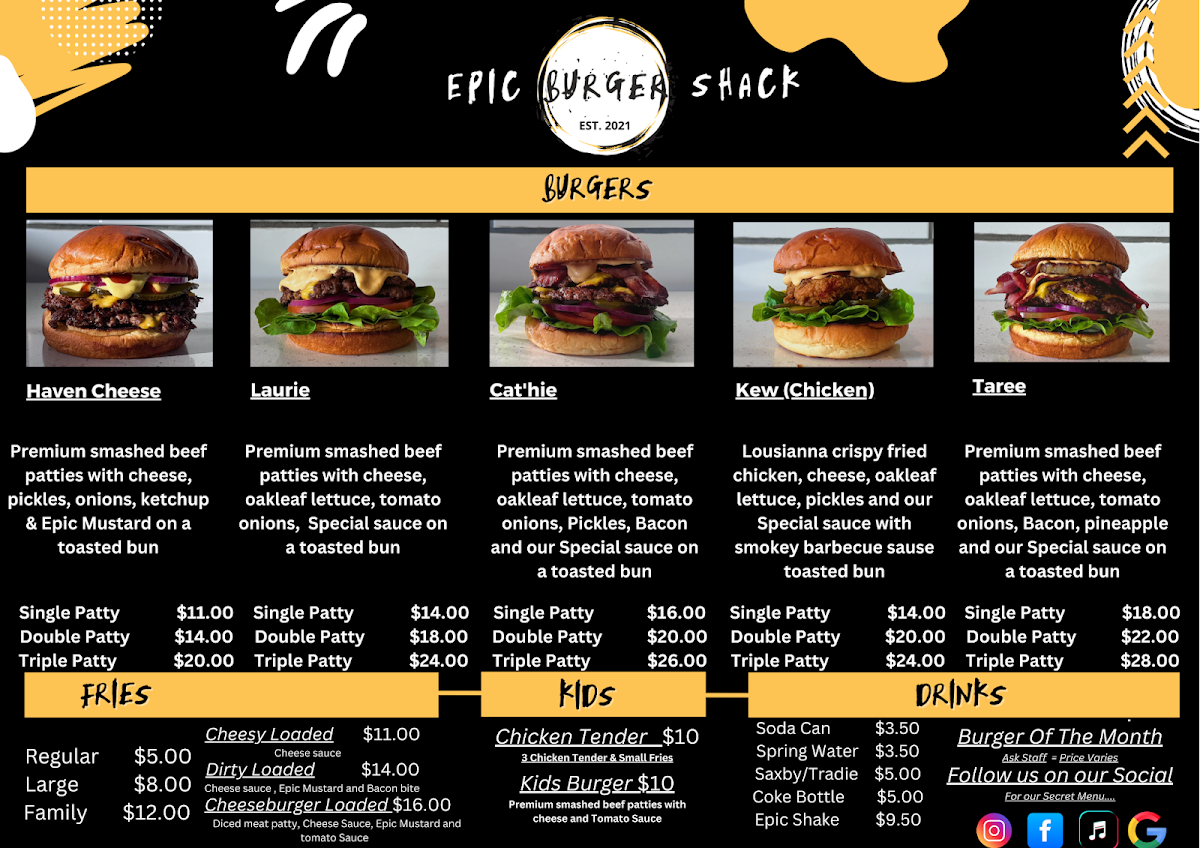 Menu, Epic Burger Shack Laurieton
