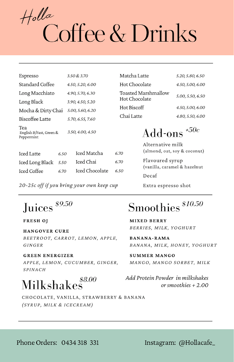 Menu, Holla