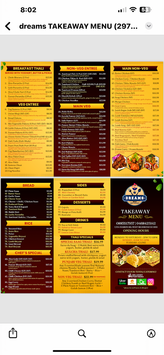 Menu, Dreams Indian Restaurant Adelaide