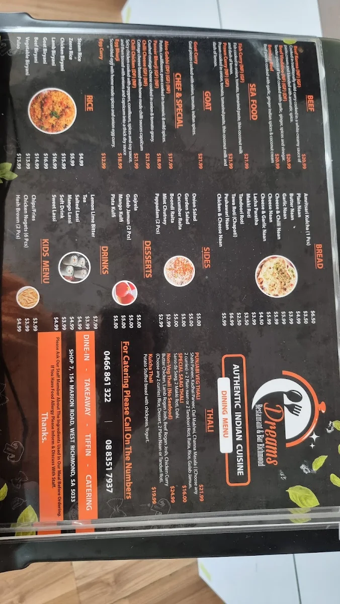 Menu, Dreams Indian Restaurant Adelaide