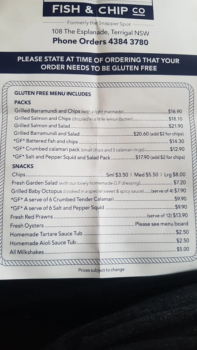 Menu, Terrigal Beach Fish and Chip co