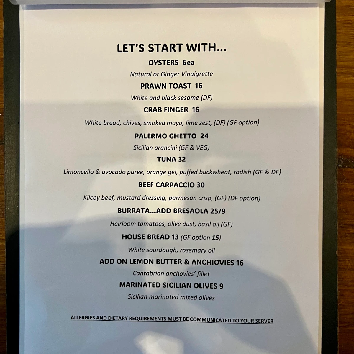 Menu, Zibros | Italian restaurant Sicilian inspired