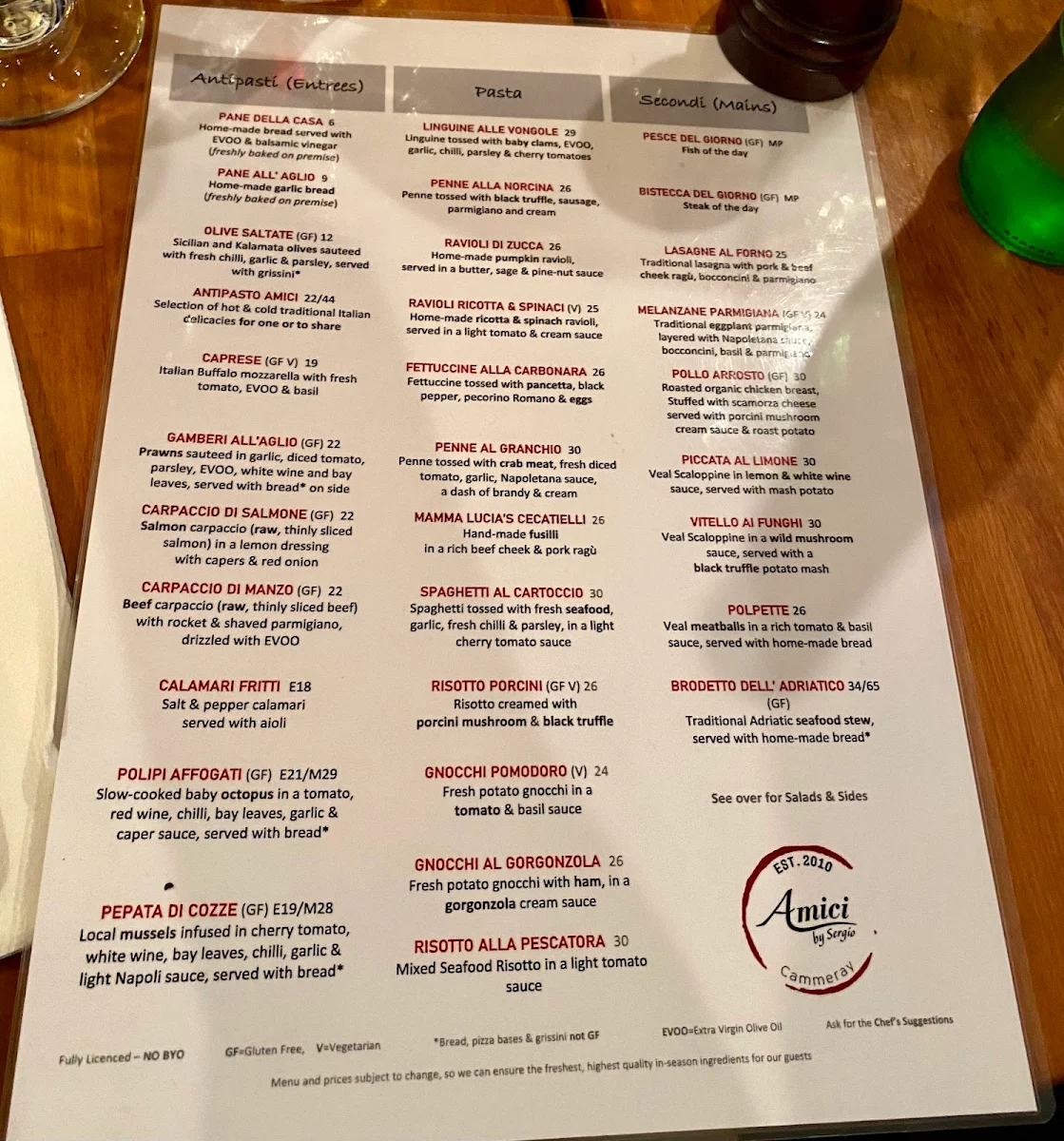 Menu, Amici Ristorante Pizzeria Bar