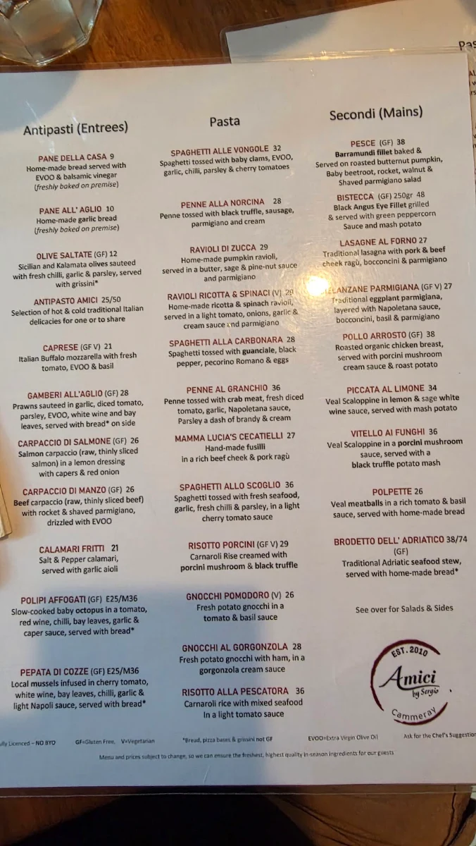 Menu, Amici Ristorante Pizzeria Bar