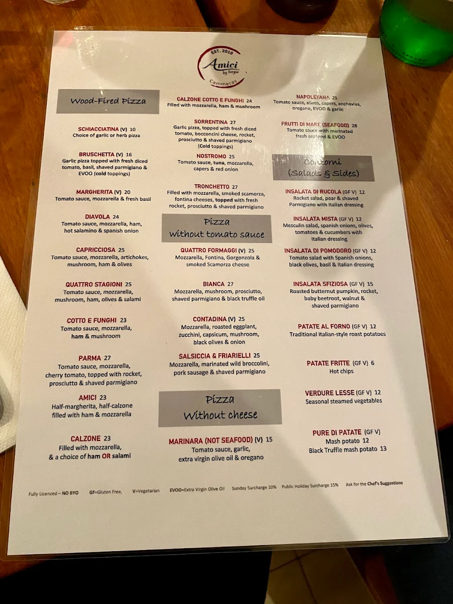 Menu, Amici Ristorante Pizzeria Bar