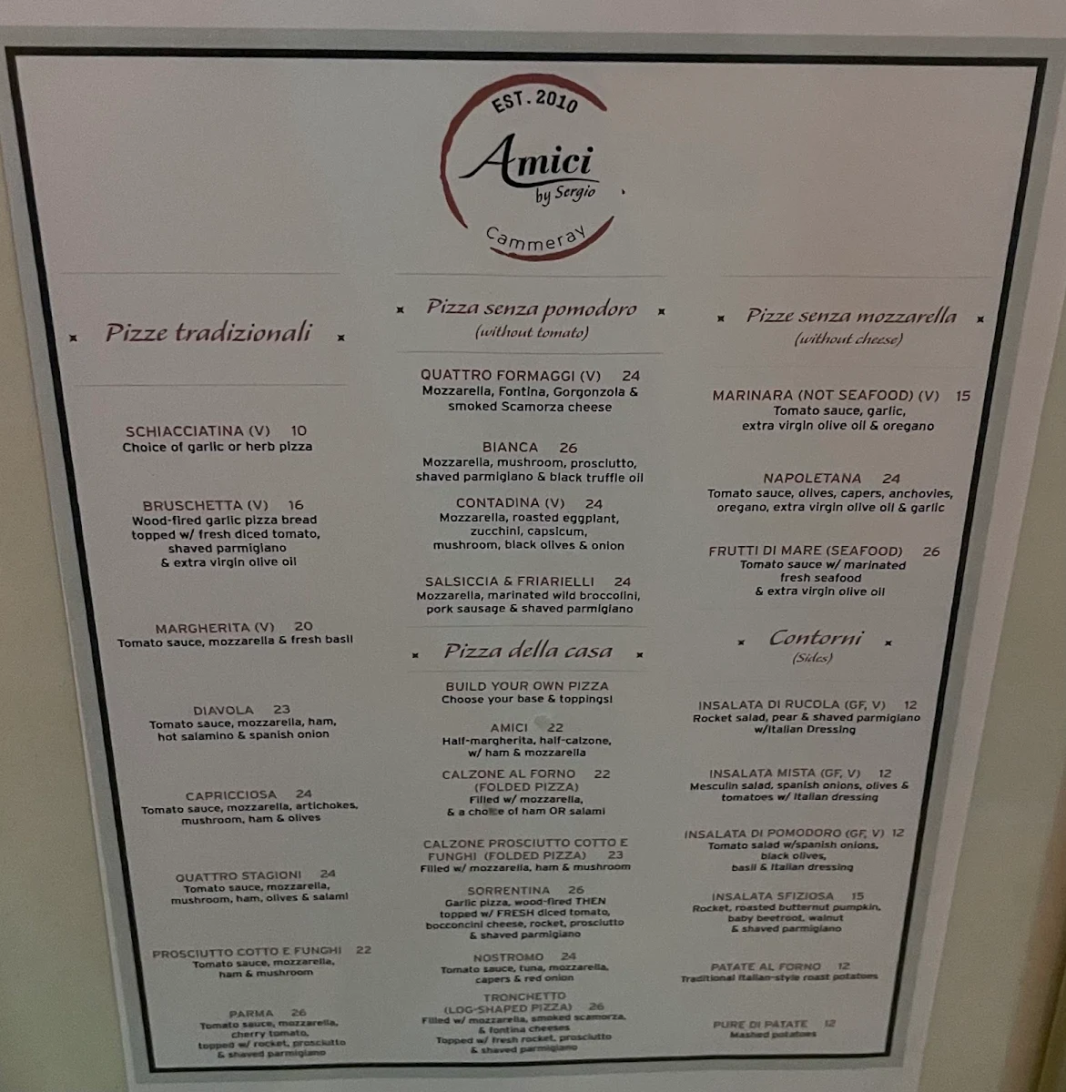 Menu, Amici Ristorante Pizzeria Bar