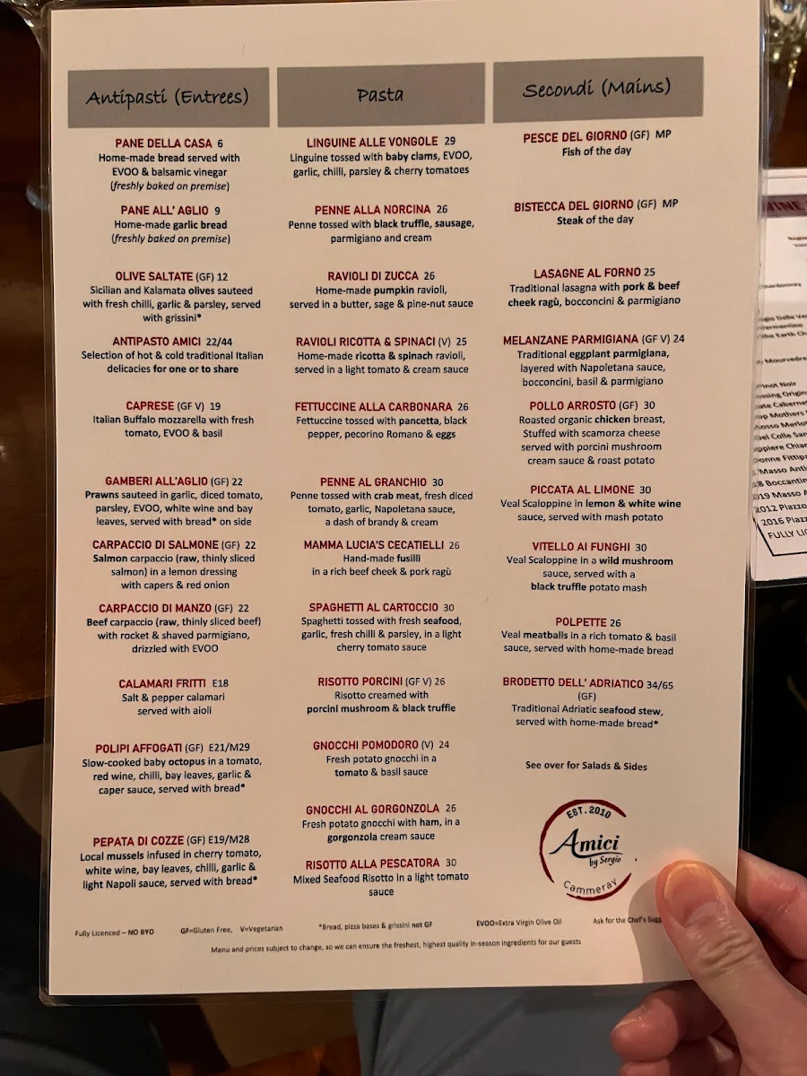 Menu, Amici Ristorante Pizzeria Bar