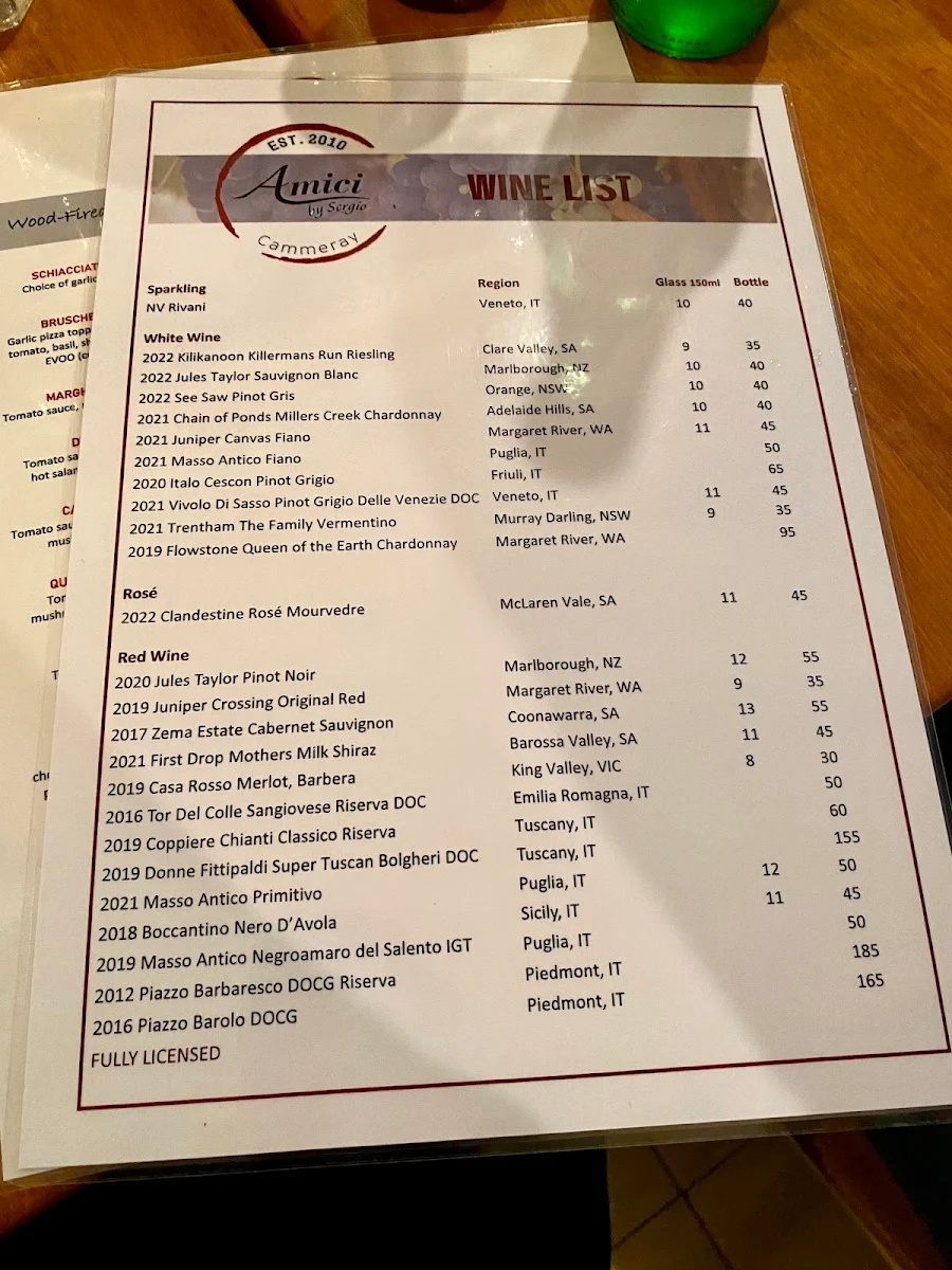Menu, Amici Ristorante Pizzeria Bar
