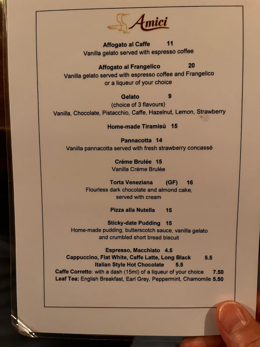Menu, Amici Ristorante Pizzeria Bar