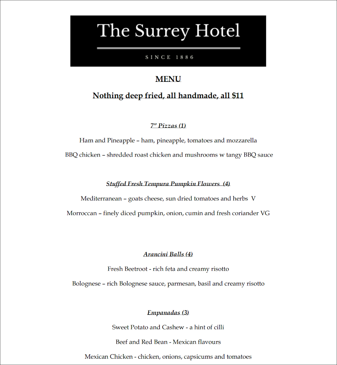 Menu, The Surrey Hotel