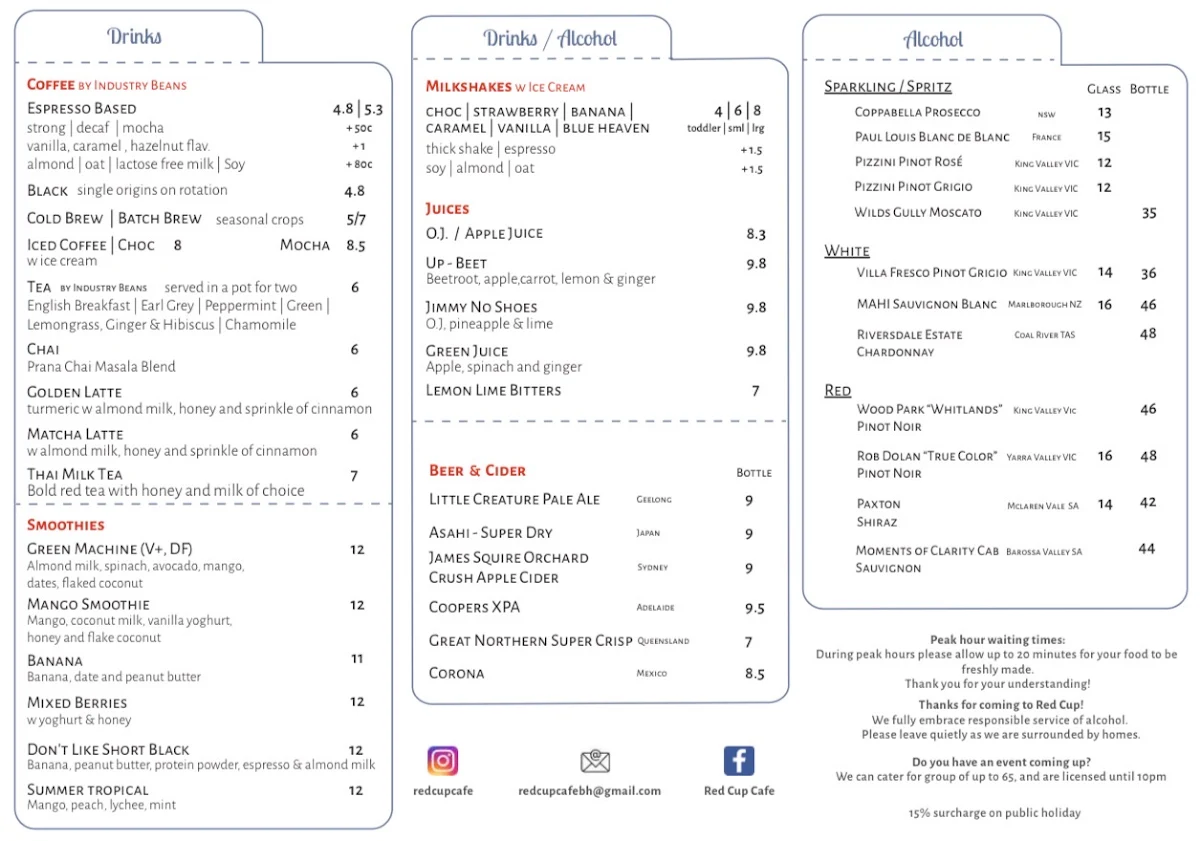 Menu, Red Cup Cafe