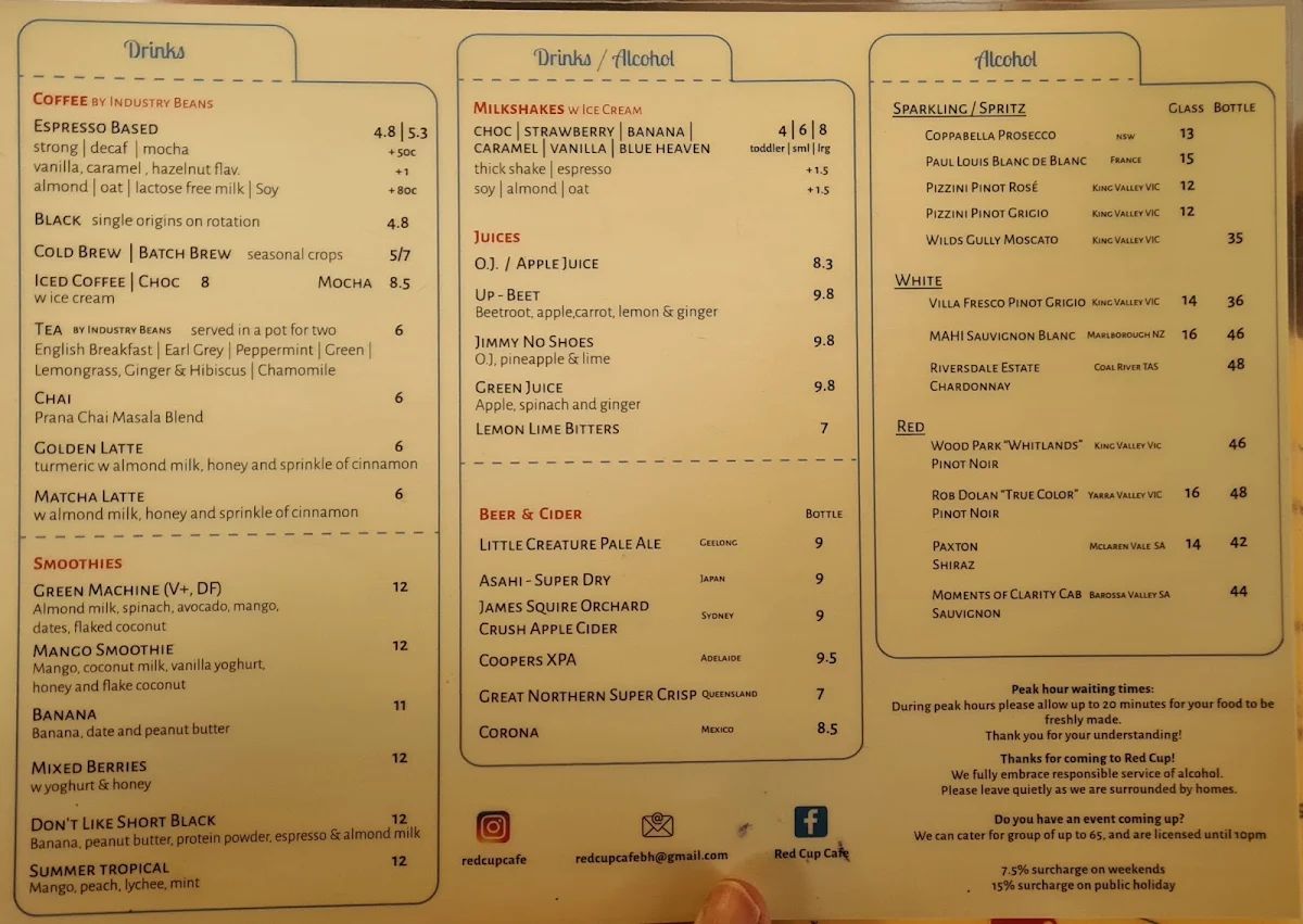 Menu, Red Cup Cafe