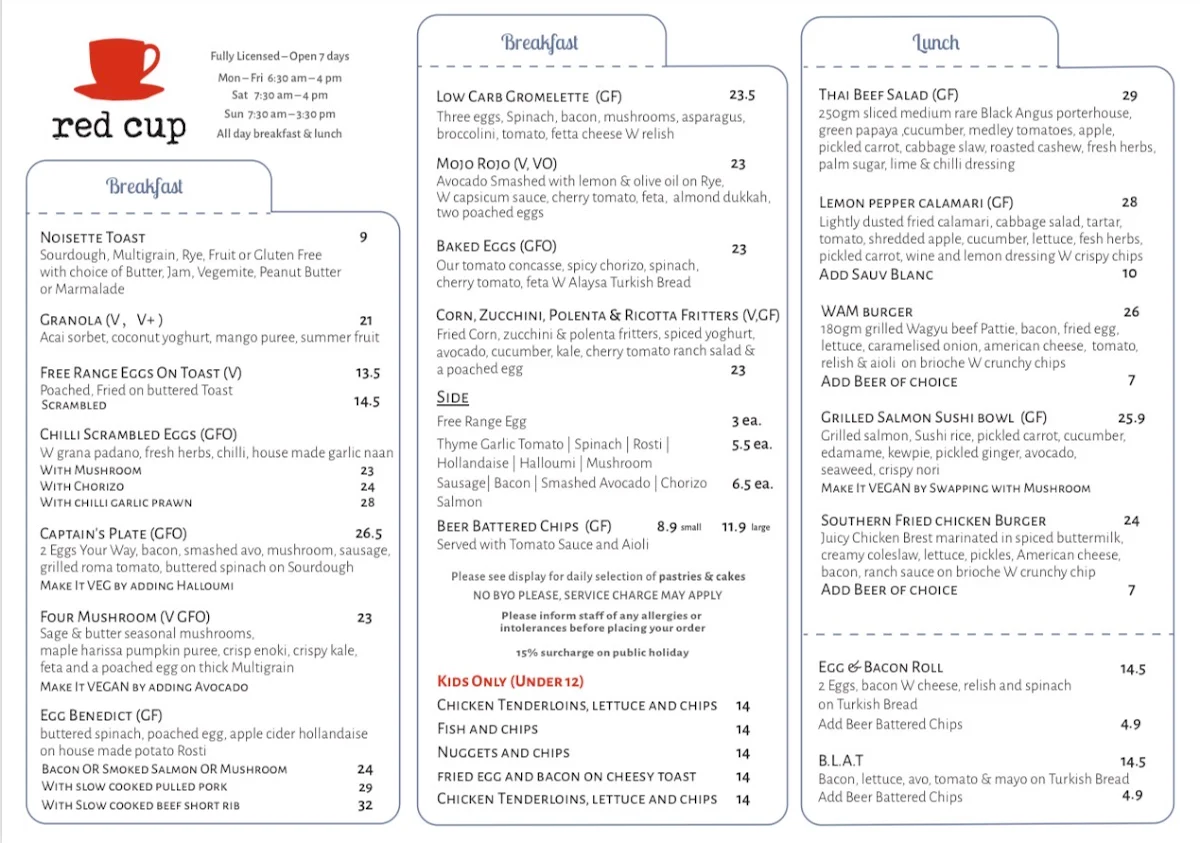 Menu, Red Cup Cafe
