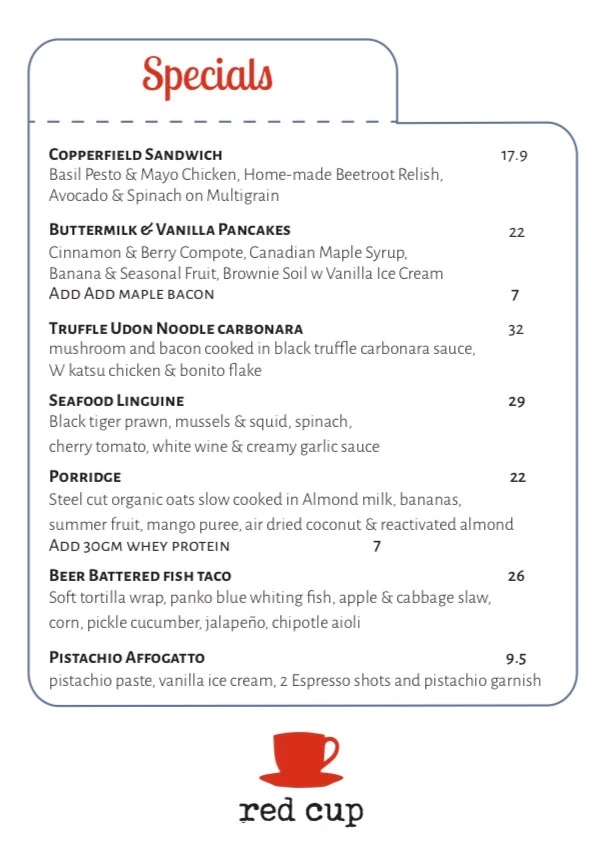 Menu, Red Cup Cafe