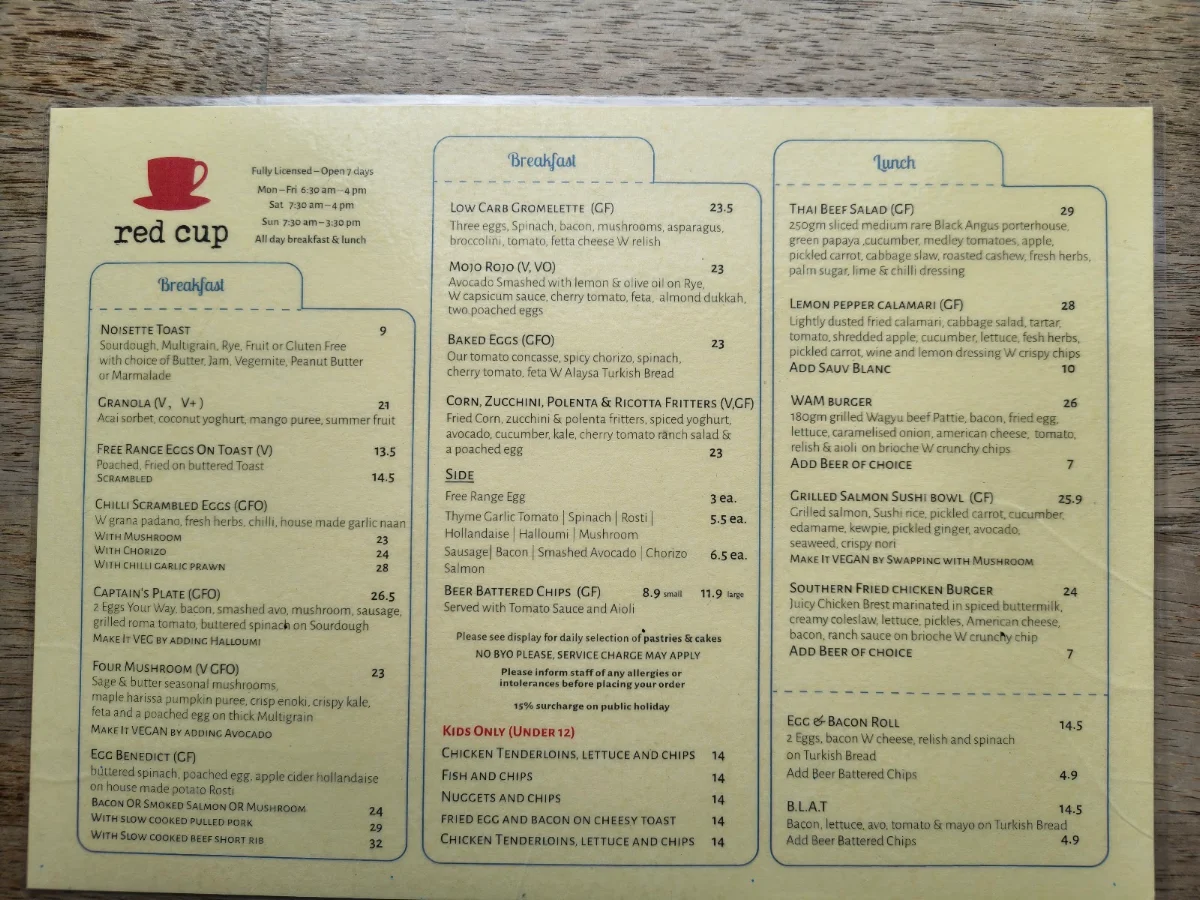 Menu, Red Cup Cafe