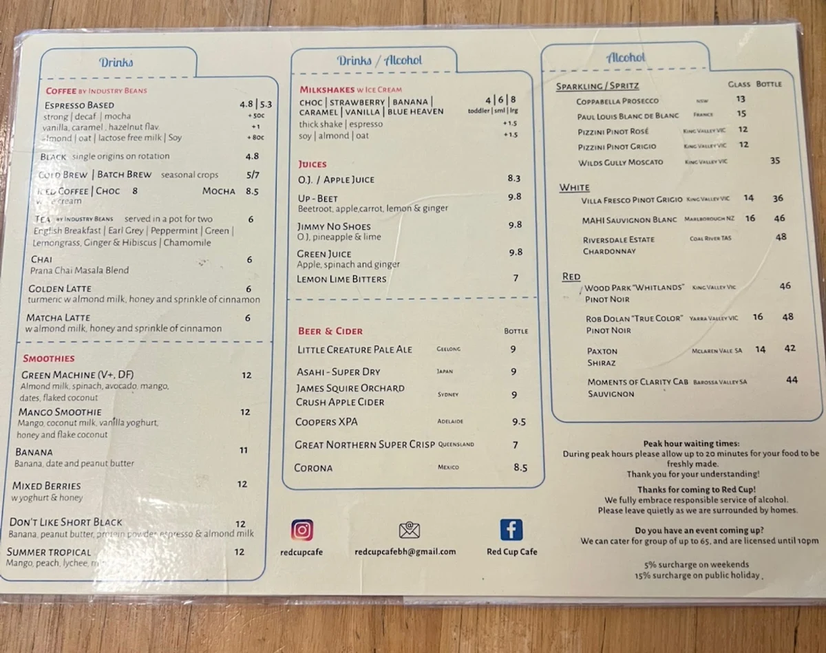 Menu, Red Cup Cafe
