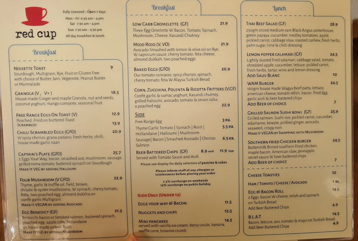 Menu, Red Cup Cafe