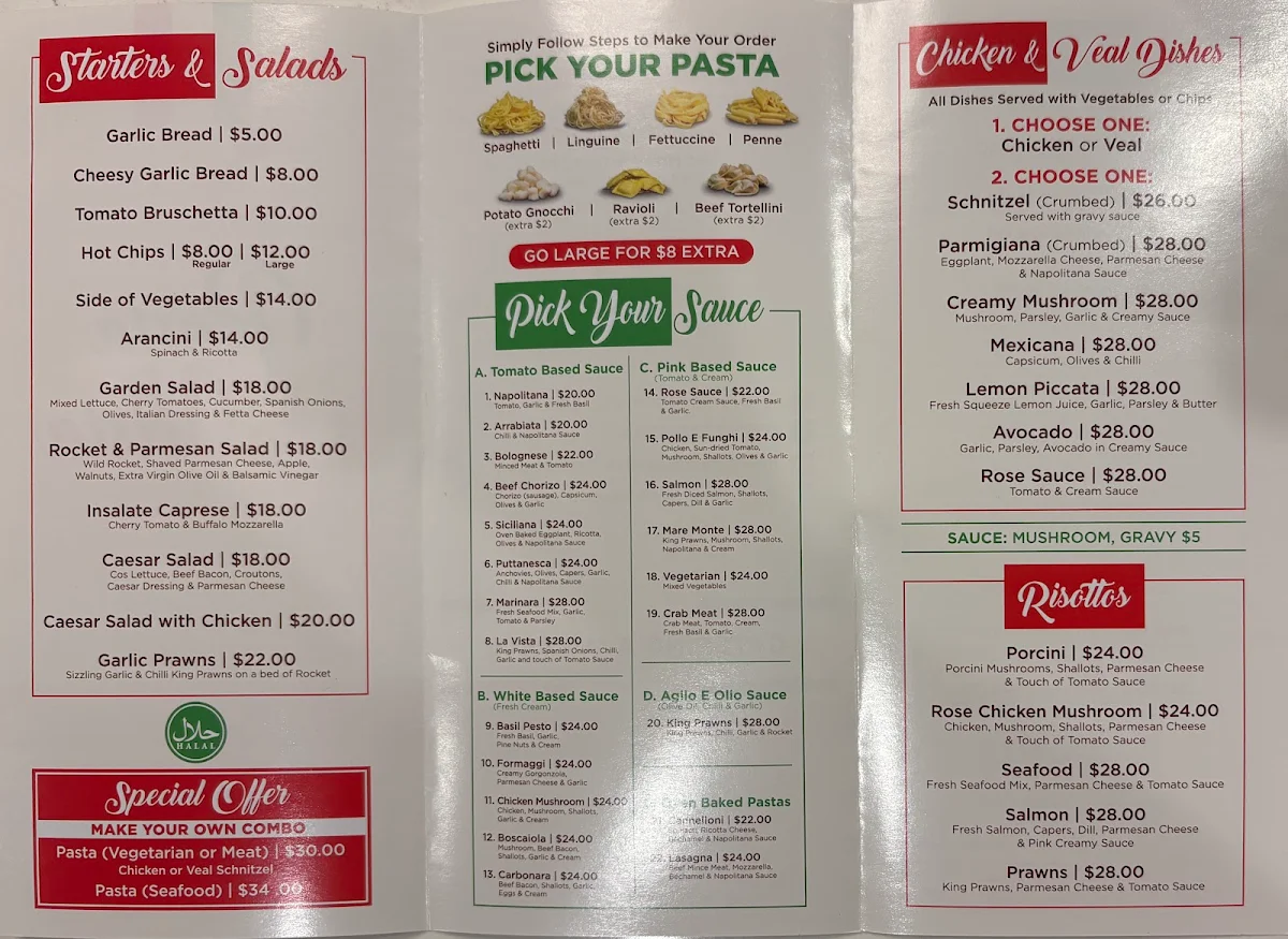 Menu, Pasta La Vista Kogarah