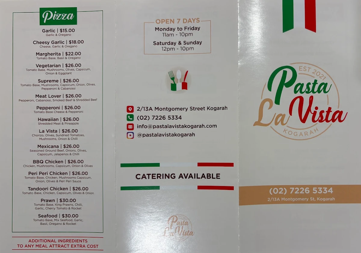Menu, Pasta La Vista Kogarah