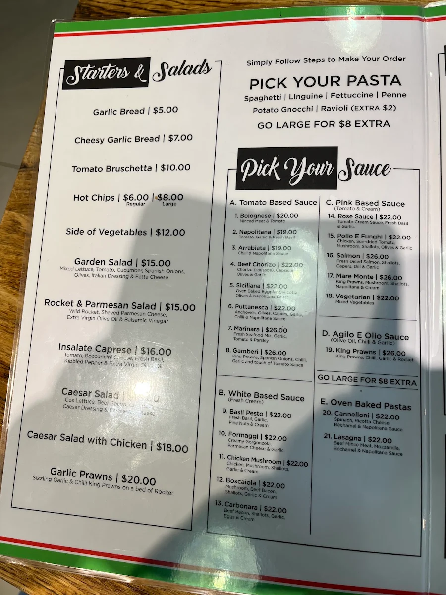 Menu, Pasta La Vista Kogarah