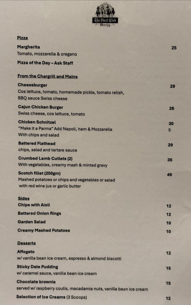 Menu, Hunt Club Hotel