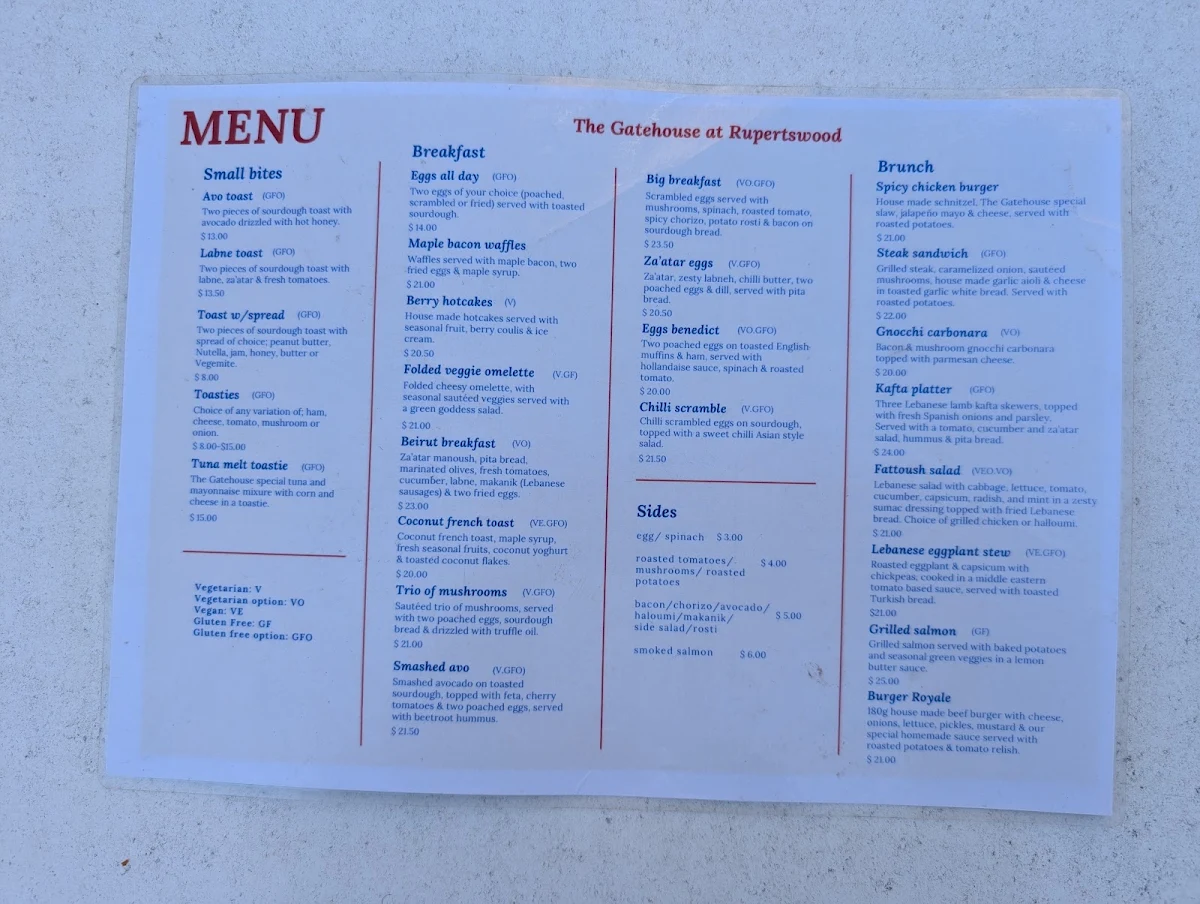Menu, The Gatehouse at Rupertswood