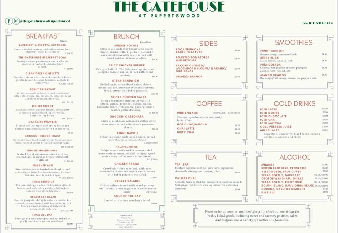 Menu, The Gatehouse at Rupertswood