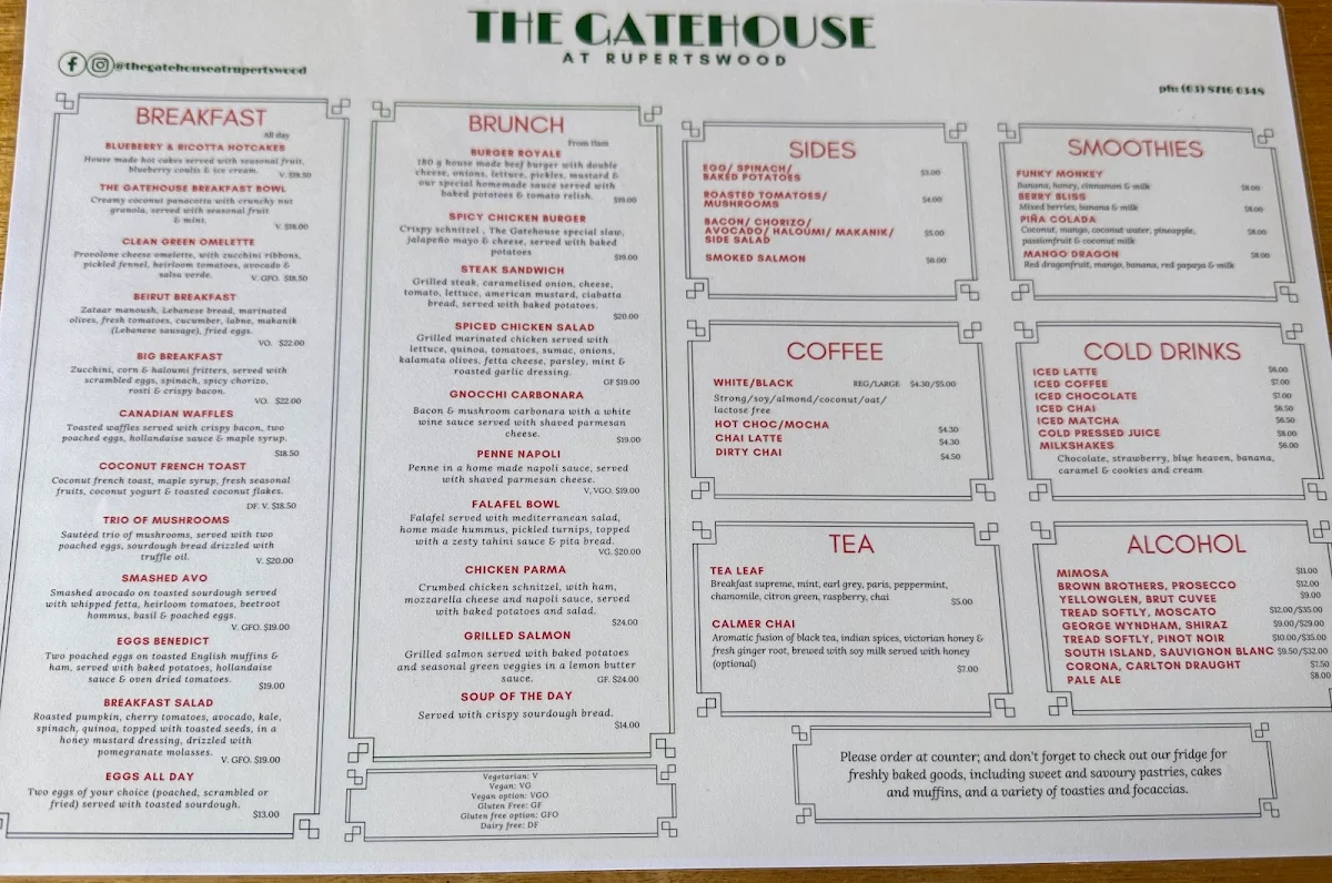 Menu, The Gatehouse at Rupertswood