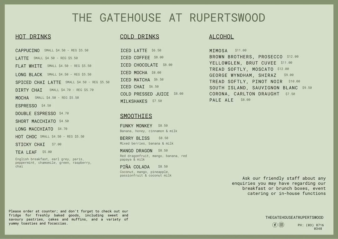 Menu, The Gatehouse at Rupertswood