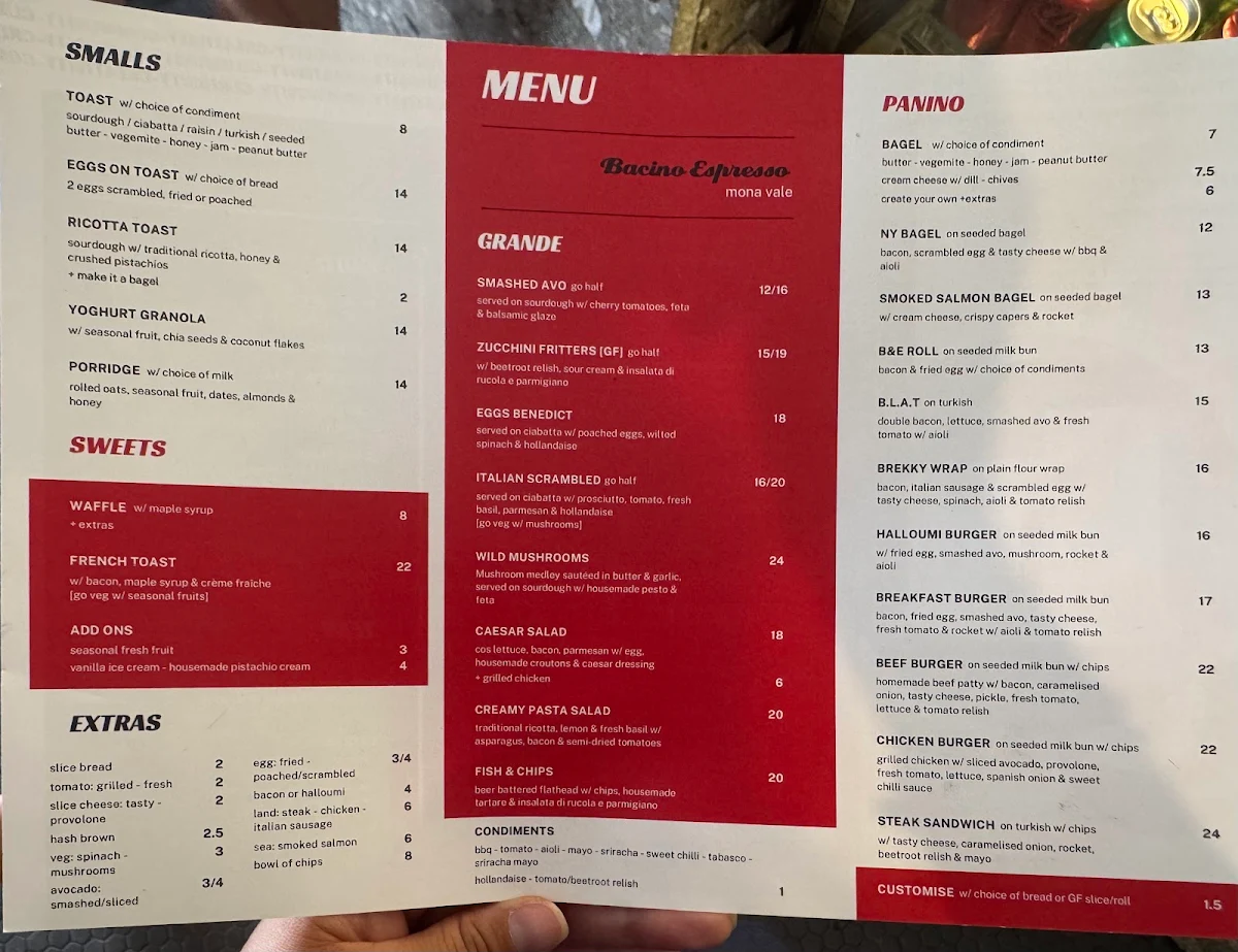 Menu, Bacino Espresso Mona Vale Beach