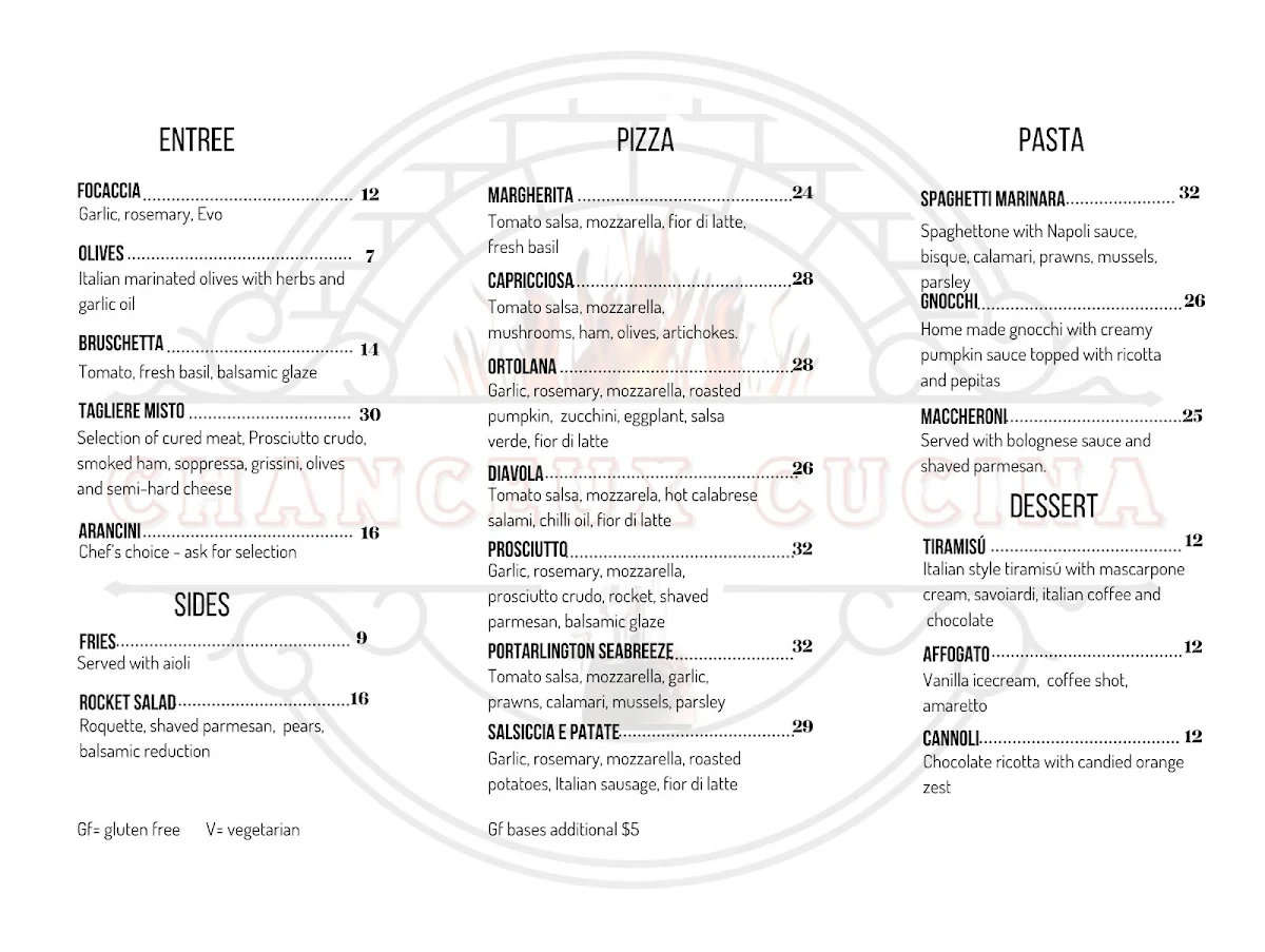 Menu, Chanceux Cucina