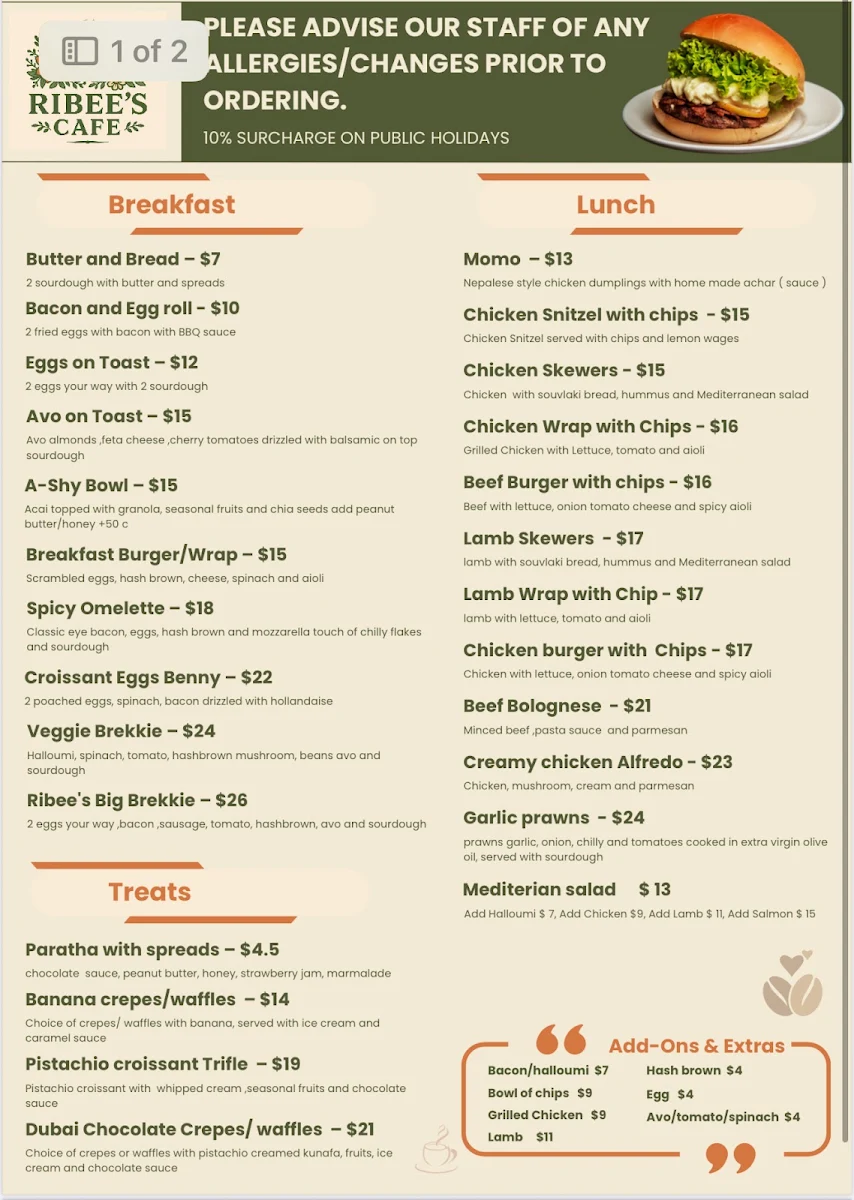 Menu, Ribee’s Cafe