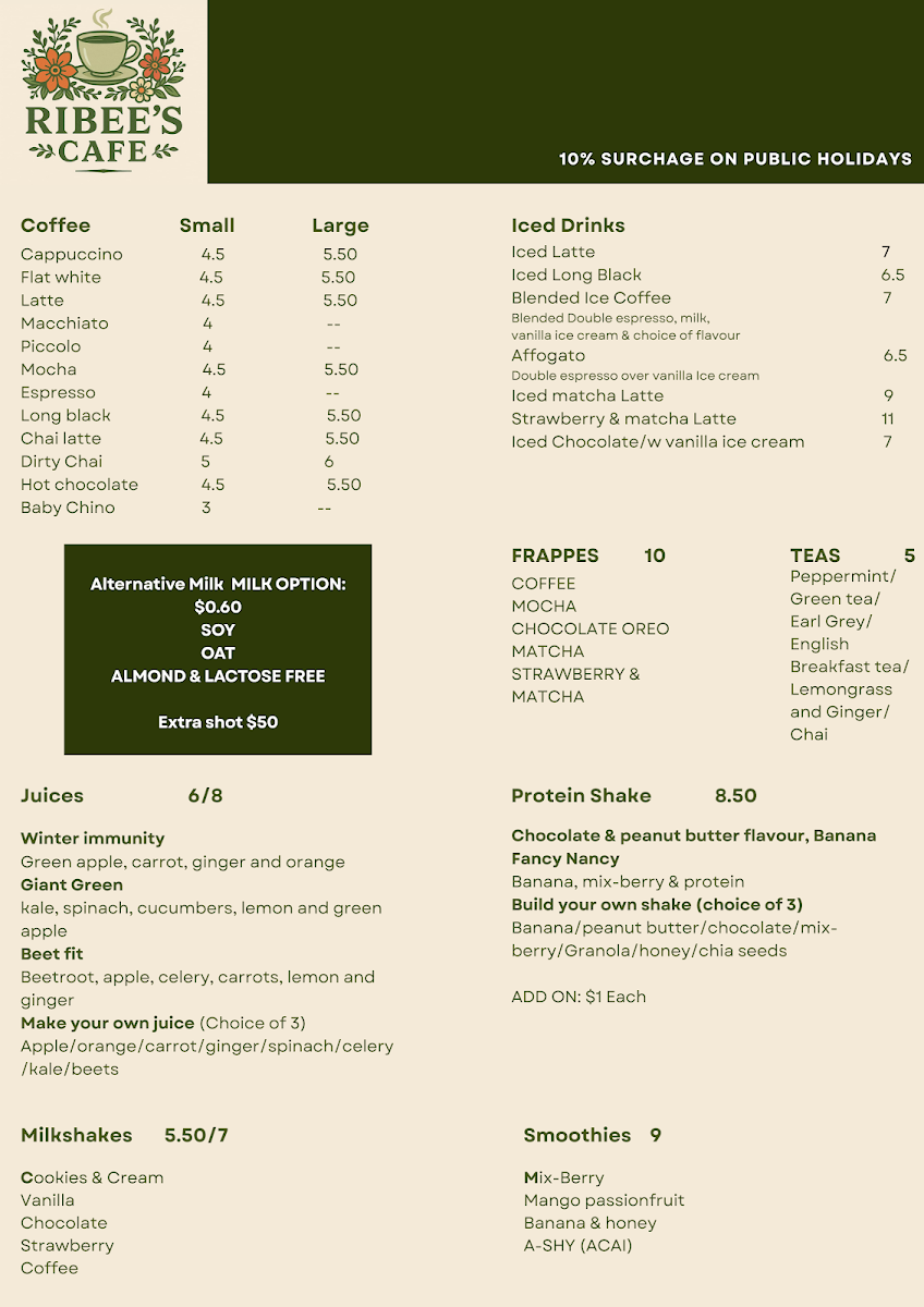 Menu, Ribee’s Cafe