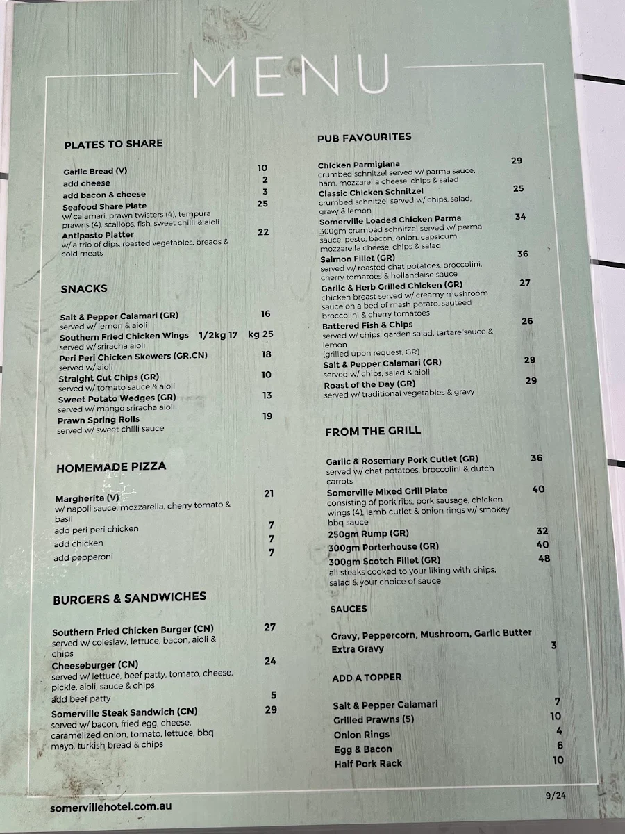 Menu, Somerville Hotel