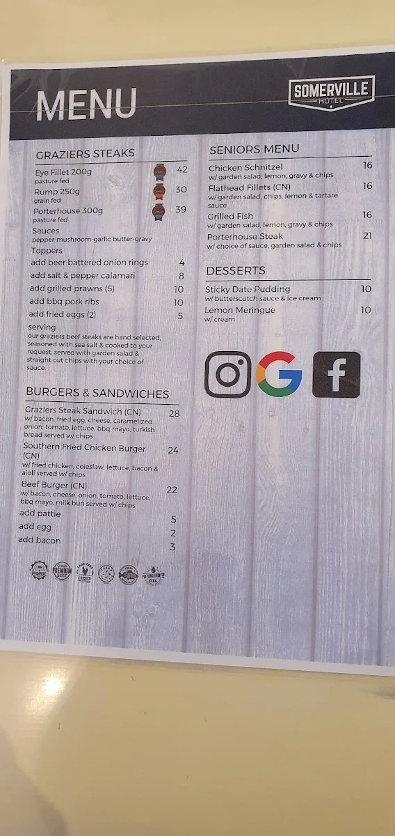 Menu, Somerville Hotel