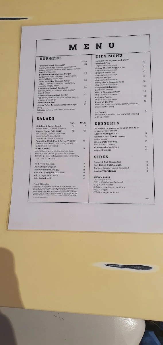 Menu, Somerville Hotel