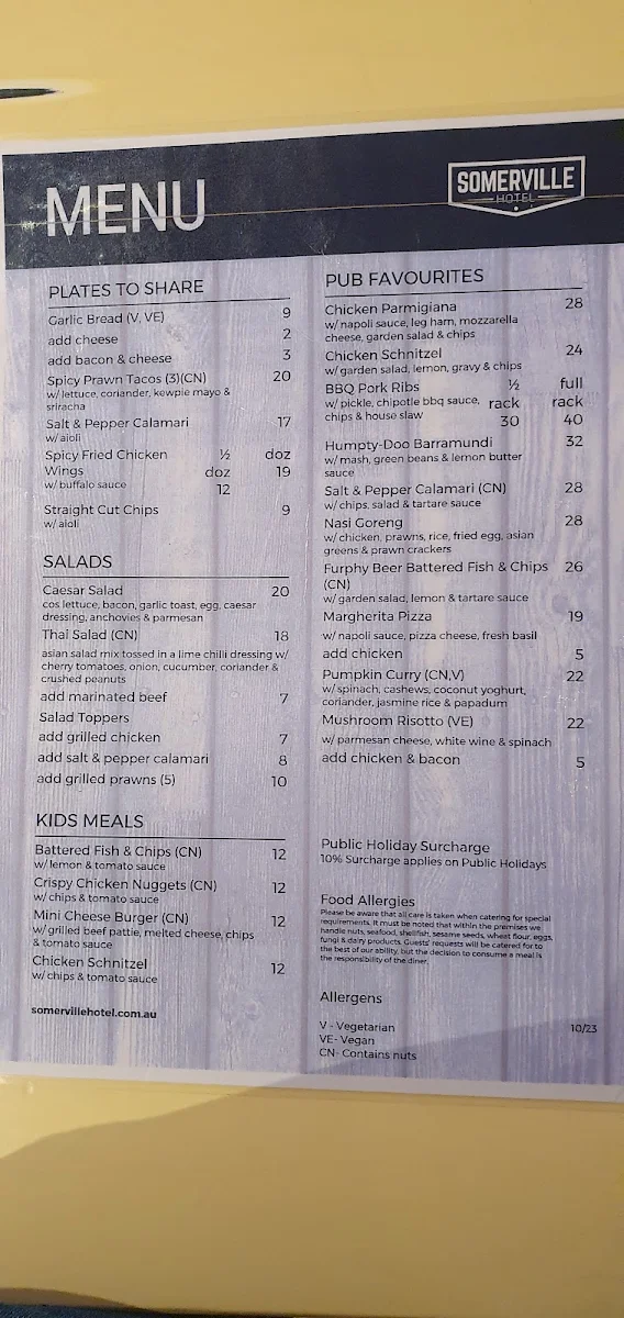 Menu, Somerville Hotel