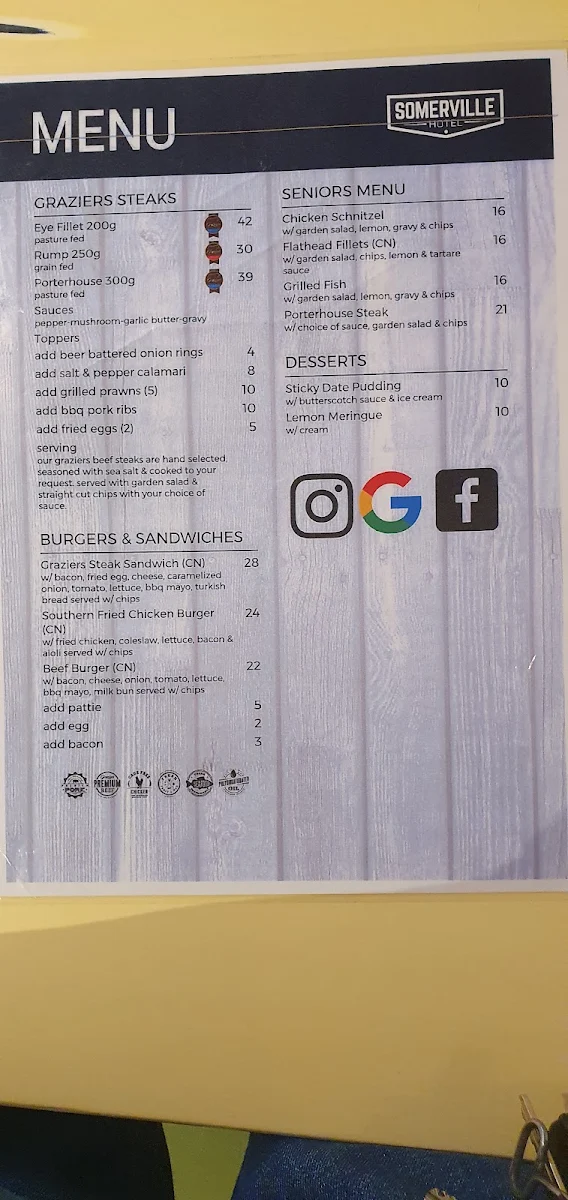 Menu, Somerville Hotel