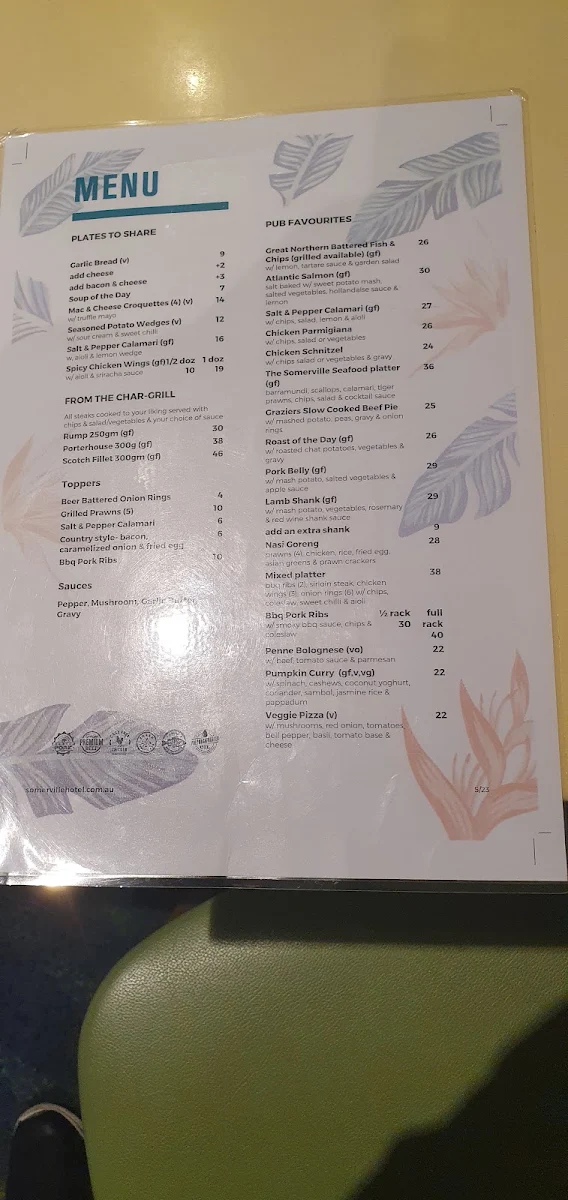 Menu, Somerville Hotel