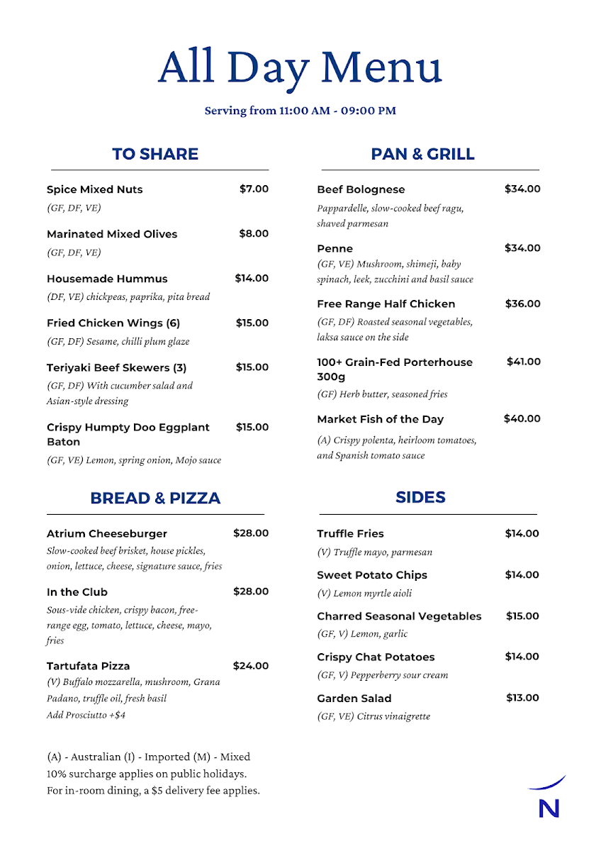 Menu, Esplanade Restaurant & Terrace