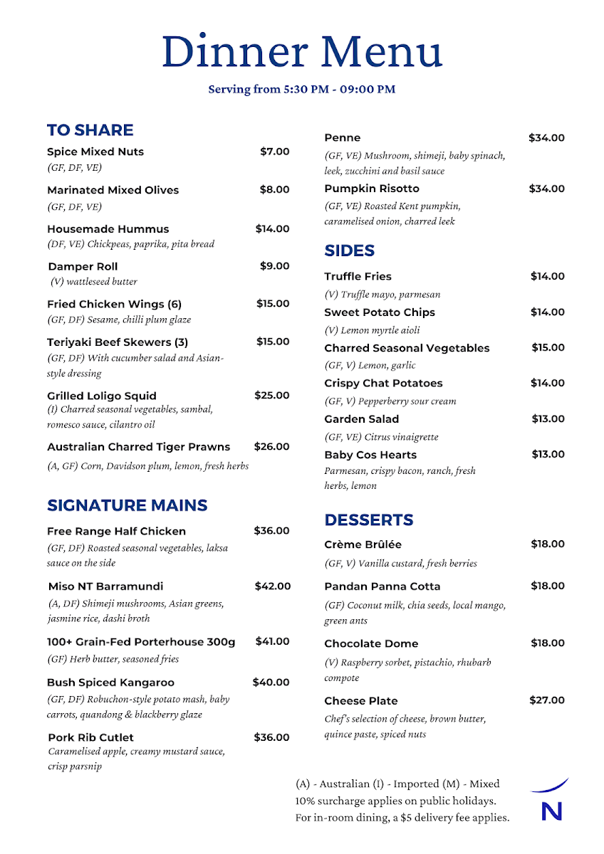 Menu, Esplanade Restaurant & Terrace