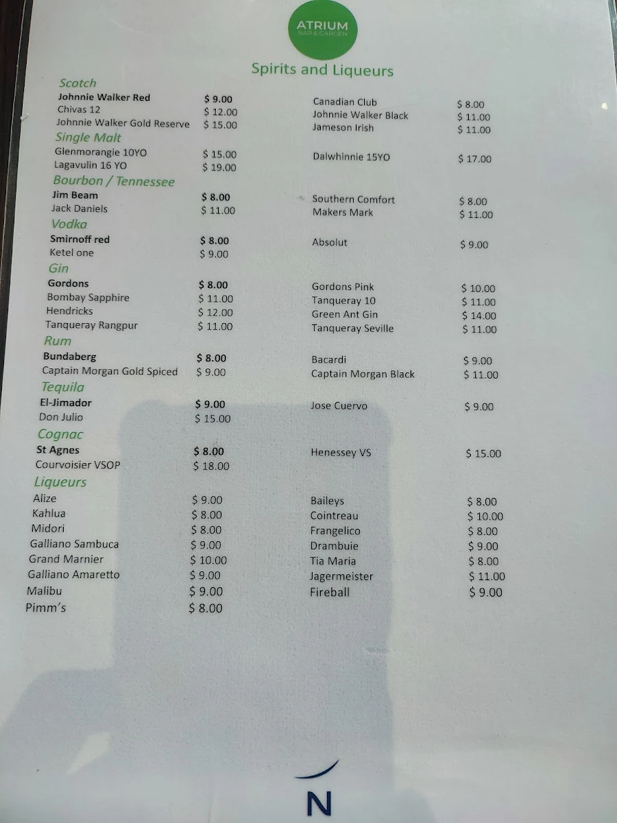 Menu, Esplanade Restaurant & Terrace