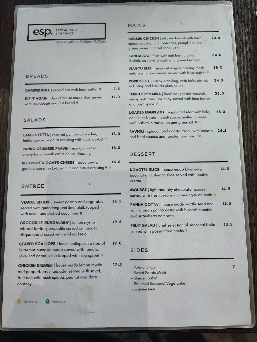 Menu, Esplanade Restaurant & Terrace