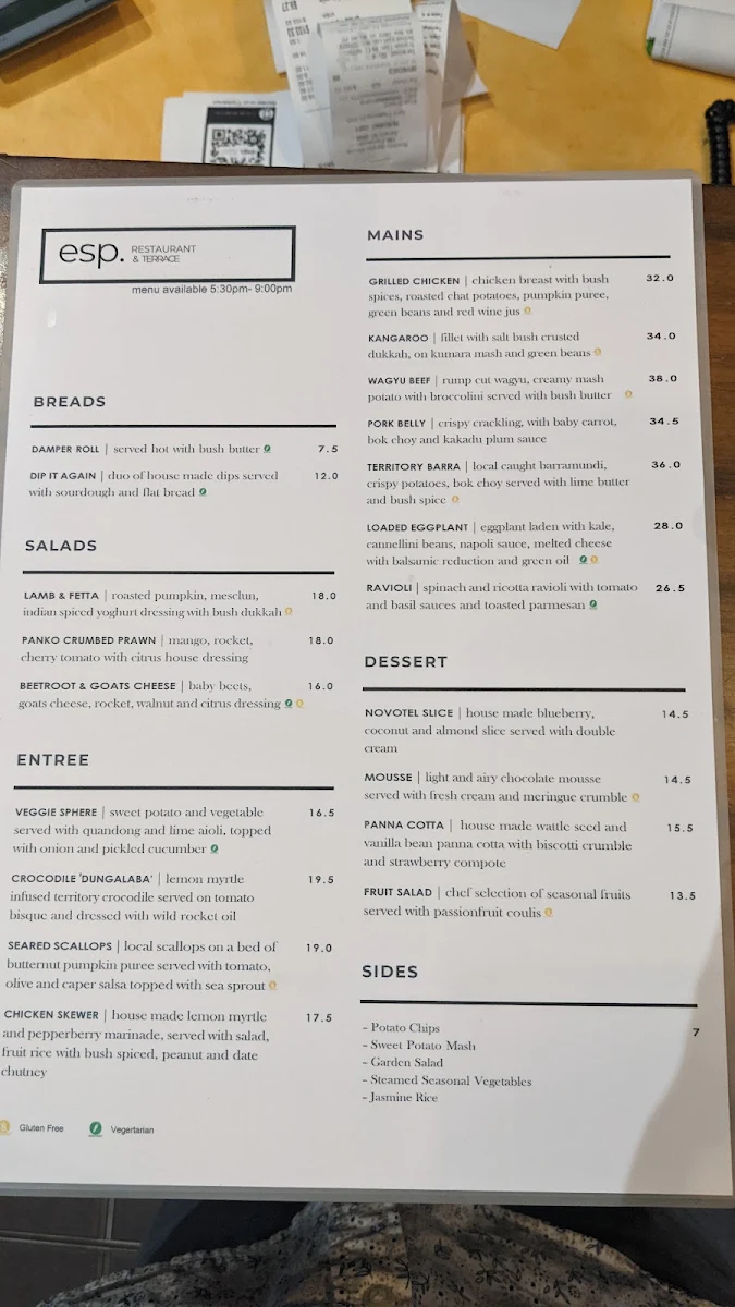 Menu, Esplanade Restaurant & Terrace