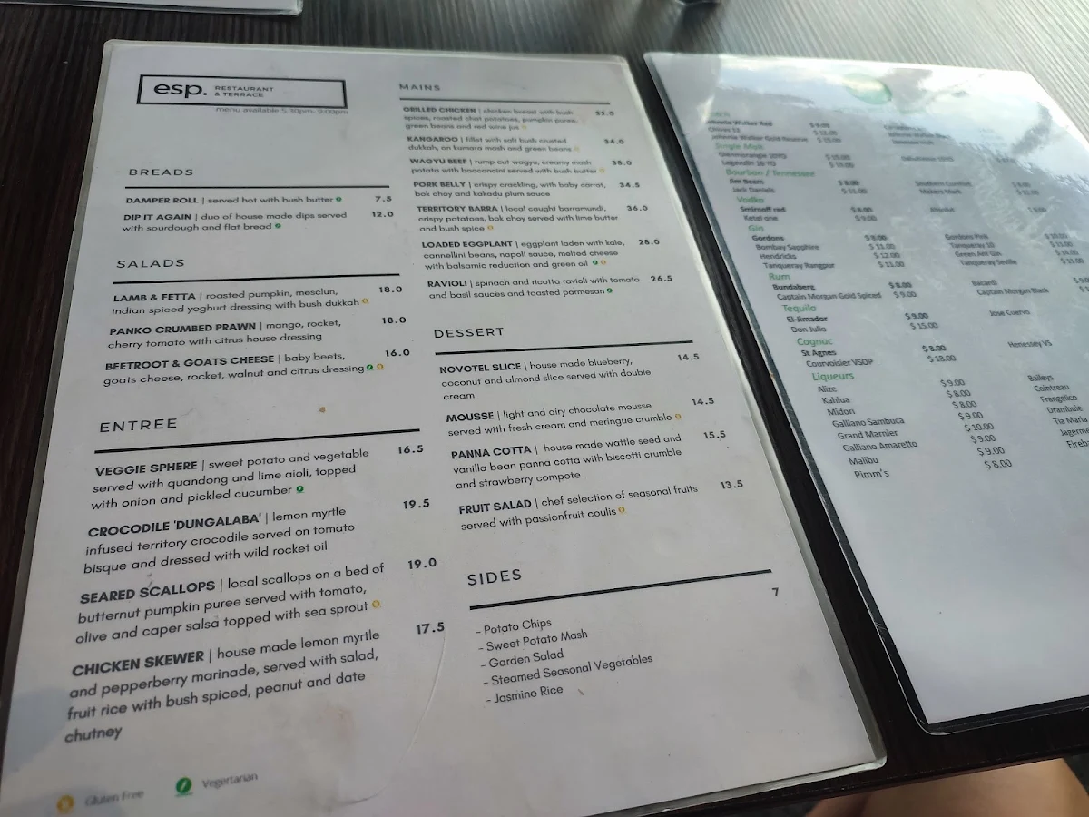 Menu, Esplanade Restaurant & Terrace