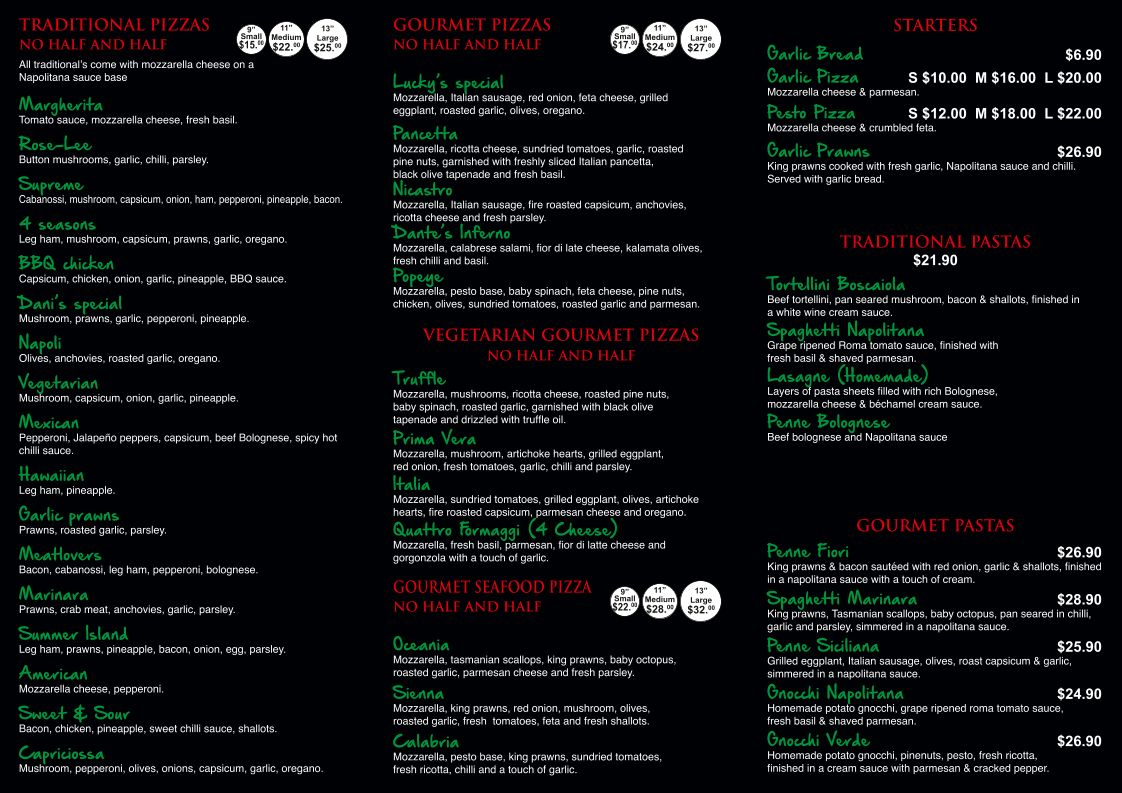Menu, Pizzeria 217