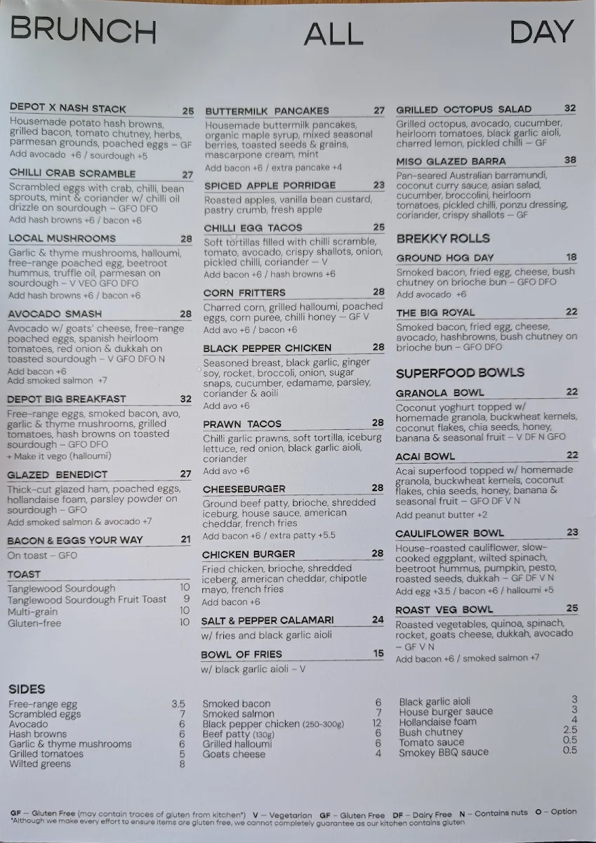 Menu, Depot Noosa
