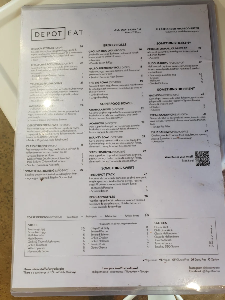 Menu, Depot Noosa