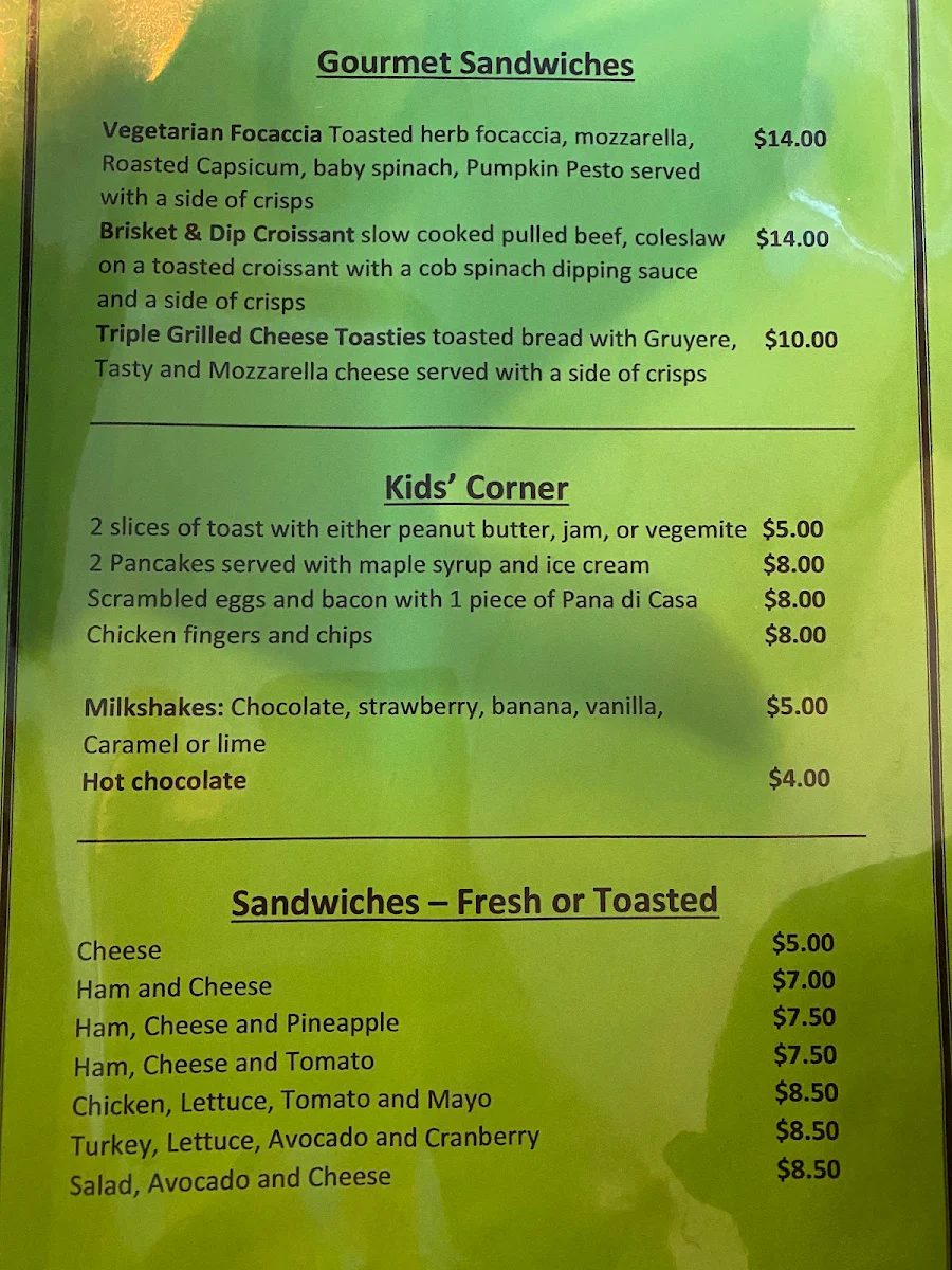 Menu, Dee Dee's Cafe