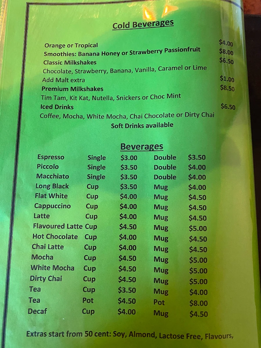 Menu, Dee Dee's Cafe